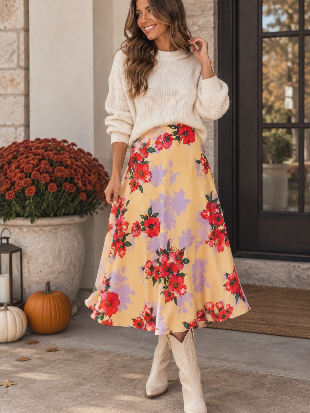 NWOT VICI Yellow A-Line Midi Skirt with Red Floral Print